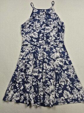 Fortune+Ivy Womens Small Floral Print Halter Neck Navy & White Sleeveless Dress